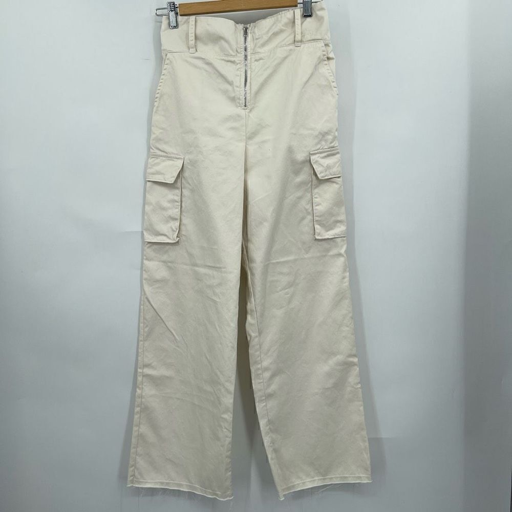 Les Tien Ivory Zip Up Flared High-Rise Straight Leg Cargo Pants Size Small